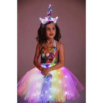 Viyorshop Girls Unicorn Costume LED Light Up Tutu Dress Up Birthday Gifts Princess Dress for Halloween Party(Rainbow Sequins, 5-6 Years)