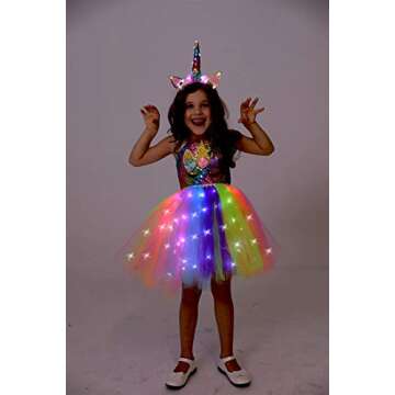 Viyorshop Girls Unicorn Costume LED Light Up Tutu Dress Up Birthday Gifts Princess Dress for Halloween Party(Rainbow Sequins, 5-6 Years)