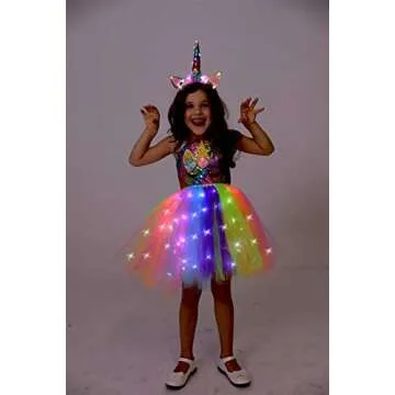 Viyorshop Girls Unicorn Costume LED Light Up Tutu Dress Up Birthday Gifts Princess Dress for Halloween Party(Rainbow Sequins, 5-6 Years)
