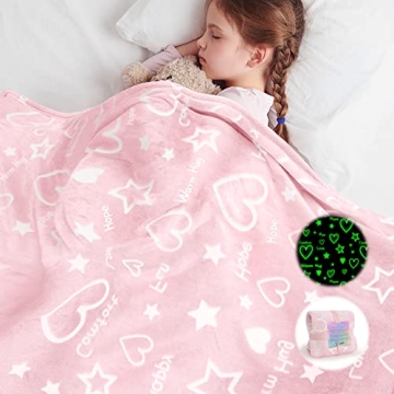 Glow in The Dark Pink Heart Stars Throw Blanket, 50x60 Cozy Soft Blanket for Girls