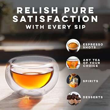 Kitchables Glass Tea Cups, Durable Insulated Cups for Hot Tea, Borosilicate Glass Mug, Fancy Tea Cups (2.5oz, Set of 2)