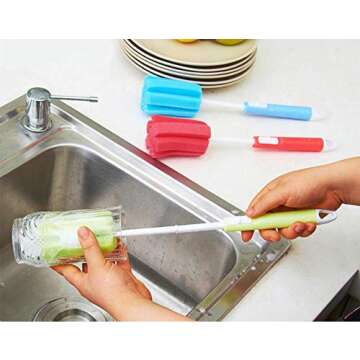 3PCS Dishwashing Foam Sponge Brush with Adjustable Long Handle Bottle Scrubber Cleaning Sponges Brushes Cleaner Soft for Baby Bottle Kitchen Clean Glasses Mugs Cups (Color Random)