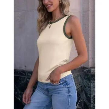 ANRABESS Tank Tops for Women 2025 Summer Casual Sleeveless Crew Neck Colorblock Shirts Almond Small