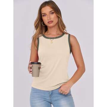 ANRABESS Tank Tops for Women 2025 Summer Casual Sleeveless Crew Neck Colorblock Shirts Almond Small