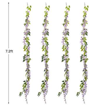 Lvydec Wisteria Artificial Flowers Garland, 4 Pcs Total 28.8ft Artificial Wisteria Vine Silk Hanging Flower for Home Garden Outdoor Ceremony Wedding Arch Floral Decor (Light Purple)