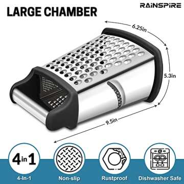 Rainspire Professional Box Grater, Cheese Grater Box for Kitchen Stainless Steel with 4 Sides, Cheese and Spice Graters with Handle for Vegetables, Ginger, Potatoes, Black