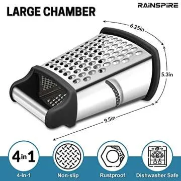 Rainspire Professional Box Grater, Cheese Grater Box for Kitchen Stainless Steel with 4 Sides, Cheese and Spice Graters with Handle for Vegetables, Ginger, Potatoes, Black