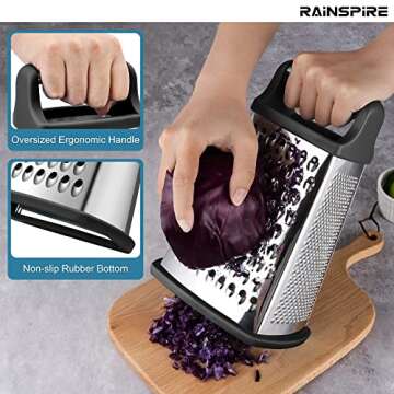 Rainspire Professional Box Grater, Cheese Grater Box for Kitchen Stainless Steel with 4 Sides, Cheese and Spice Graters with Handle for Vegetables, Ginger, Potatoes, Black
