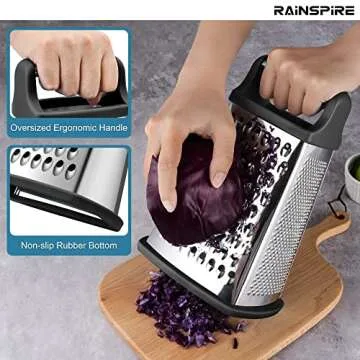 Rainspire Professional Box Grater, Cheese Grater Box for Kitchen Stainless Steel with 4 Sides, Cheese and Spice Graters with Handle for Vegetables, Ginger, Potatoes, Black