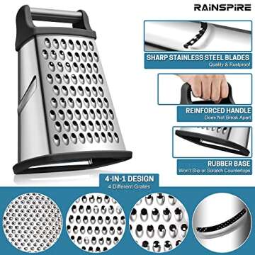 Rainspire Professional Box Grater, Cheese Grater Box for Kitchen Stainless Steel with 4 Sides, Cheese and Spice Graters with Handle for Vegetables, Ginger, Potatoes, Black