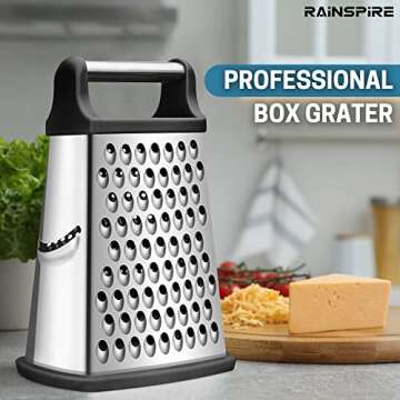 Rainspire Professional Box Grater, Cheese Grater Box for Kitchen Stainless Steel with 4 Sides, Cheese and Spice Graters with Handle for Vegetables, Ginger, Potatoes, Black