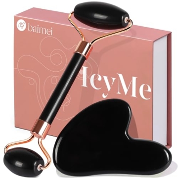 BAIMEI Jade Roller & Gua Sha Set Face Roller and Gua Sha Facial Tools for Skin Care Routine and Puff...