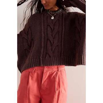 MISSACTIVER Women Loose Cable Knit Crop Sweater Crew Neck Long Sleeve Chunky Knitted Pullovers Comfy Fall Winter Cropped Tops Brown