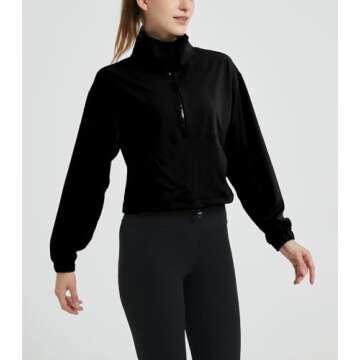 happlan Women's Half Zip Pullover Cropped Jackets Long Sleeve Athletic Running Yoga Workout Shirts for Women(0657-Black-S)