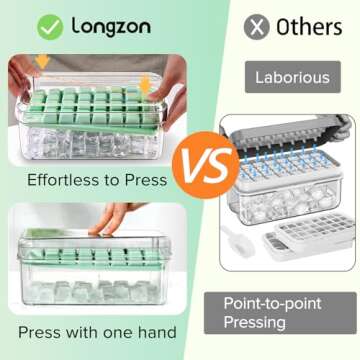 longzon Mini Ice Cube Tray with Lid and Bin, 60 pcs Ice Cube Trays for Freezer, Ice Cube Mold, Ice Molds Spill-Resistant Removable Lid & Ice Scoop, Ice Cube Tray Mold for Whiskey Cocktail, Tea, Coffee