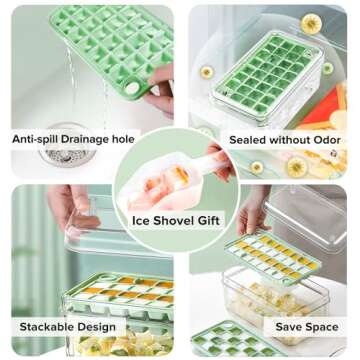 longzon Mini Ice Cube Tray with Lid and Bin, 60 pcs Ice Cube Trays for Freezer, Ice Cube Mold, Ice Molds Spill-Resistant Removable Lid & Ice Scoop, Ice Cube Tray Mold for Whiskey Cocktail, Tea, Coffee