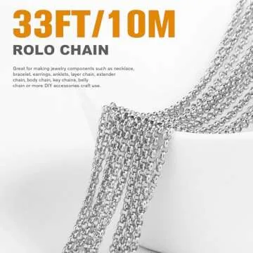 Premium 33FT Stainless Steel Rolo Chain for Versatile Jewelry Designs