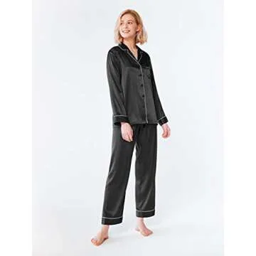 SIORO Womens Silky Satin Pajamas Set Sleepwear Loungewear Button Down Pijamas Long Sets, Black, Smal...