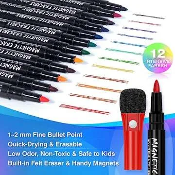 Magnetic Dry Erase Markers: 12 Color Fine Tip Set