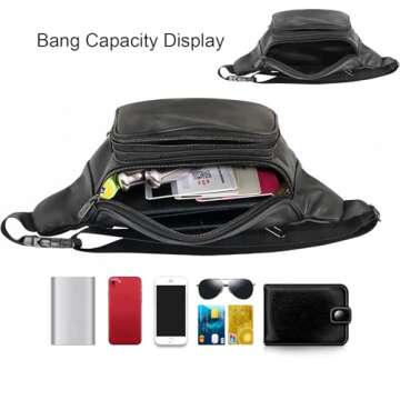 Leather Fanny Pack Travel Waist Bag 7 Pockets Waist Pack.Suitable for Outdoor Mountaineering Travel Camping Cycling Running etc FANNING511 Fanny pack (Black)