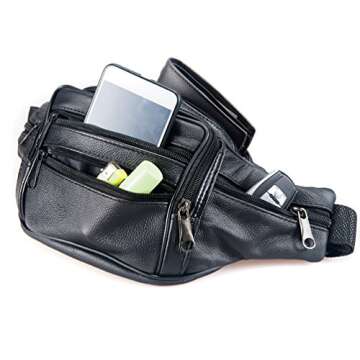 Leather Fanny Pack Travel Waist Bag 7 Pockets Waist Pack.Suitable for Outdoor Mountaineering Travel Camping Cycling Running etc FANNING511 Fanny pack (Black)