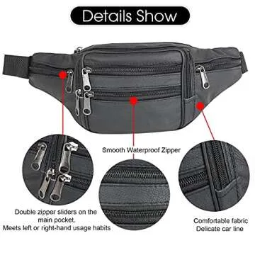 Leather Fanny Pack Travel Waist Bag 7 Pockets Waist Pack.Suitable for Outdoor Mountaineering Travel Camping Cycling Running etc FANNING511 Fanny pack (Black)