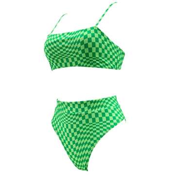 MOSHENGQI Women High Waisted High Cut Bikini Push Up Bandeau Swimsuits (M, Neon Green Gingham)