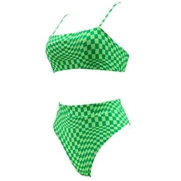 MOSHENGQI Women High Waisted High Cut Bikini Push Up Bandeau Swimsuits (M, Neon Green Gingham)