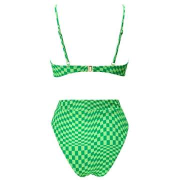 MOSHENGQI Women High Waisted High Cut Bikini Push Up Bandeau Swimsuits (M, Neon Green Gingham)