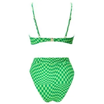 MOSHENGQI Women High Waisted High Cut Bikini Push Up Bandeau Swimsuits (M, Neon Green Gingham)