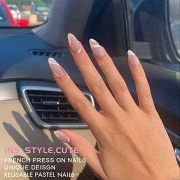 KXAMELIE Medium Length Almond Press on Nails with Designs,Nude White Swirls Acrylic on,Stick for Women,Glue Fake Daily Wear,Salon Perfect Wedding