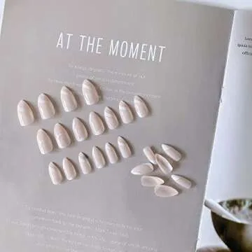 KXAMELIE Medium Length Almond Press on Nails with Designs,Nude White Swirls Acrylic on,Stick for Women,Glue Fake Daily Wear,Salon Perfect Wedding