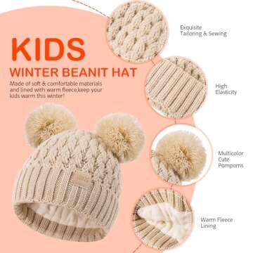 XOMZG Toddler Winter Beanie Hat, Infant Winter Warm Knit Fleece Lined Cap for Girls Boys with Pom Pom for 0-36 Months 2 Packs
