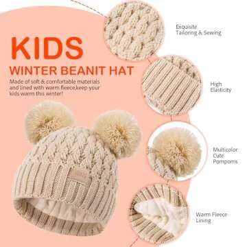 XOMZG Toddler Winter Beanie Hat, Infant Winter Warm Knit Fleece Lined Cap for Girls Boys with Pom Pom for 0-36 Months 2 Packs