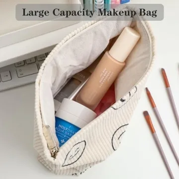 Cute Corduroy Makeup Bag for Women in Beige