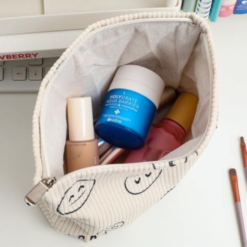 Cute Corduroy Makeup Bag for Women in Beige