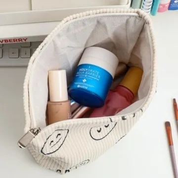 Cute Corduroy Makeup Bag for Women in Beige