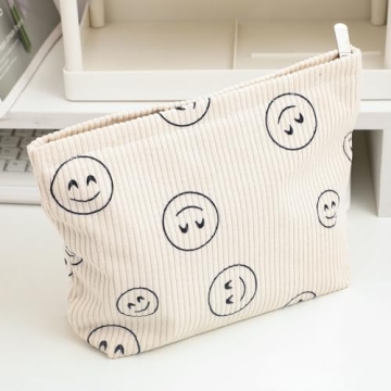 Cute Corduroy Makeup Bag for Women in Beige