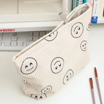 Cute Corduroy Makeup Bag for Women in Beige