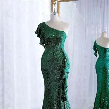 Black Sequin Ruffle Formal Dresses One Shoulder Mermaid Evening Gown Sparkly Long Maxi Dress with Slit Black Size 8