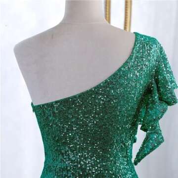 Black Sequin Ruffle Formal Dresses One Shoulder Mermaid Evening Gown Sparkly Long Maxi Dress with Slit Black Size 8