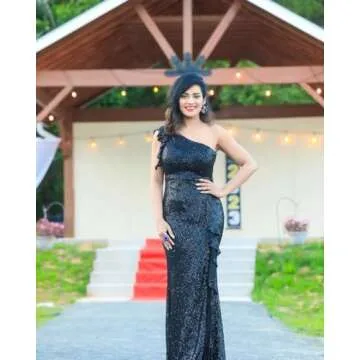 Black Sequin Ruffle Formal Dresses One Shoulder Mermaid Evening Gown Sparkly Long Maxi Dress with Slit Black Size 8