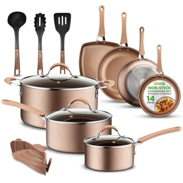 NutriChef 14-Piece Nonstick Cookware PFOA/PFOS-Free Heat Resistant Lacquer Kitchen Ware Set w/Saucep...