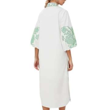 D-Sun Women Casual V-Neck Mid Dress Floral Embroidery 3/4 Sleeves Fall Winter Tunic Dress Loose Zip Party Dress with Pockets Green