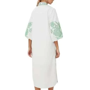 D-Sun Women Casual V-Neck Mid Dress Floral Embroidery 3/4 Sleeves Fall Winter Tunic Dress Loose Zip Party Dress with Pockets Green