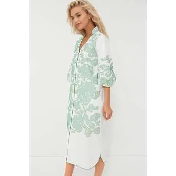 D-Sun Women Casual V-Neck Mid Dress Floral Embroidery 3/4 Sleeves Fall Winter Tunic Dress Loose Zip Party Dress with Pockets Green