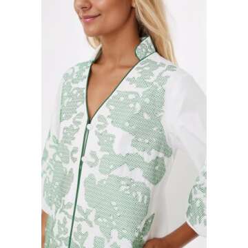 D-Sun Women Casual V-Neck Mid Dress Floral Embroidery 3/4 Sleeves Fall Winter Tunic Dress Loose Zip Party Dress with Pockets Green