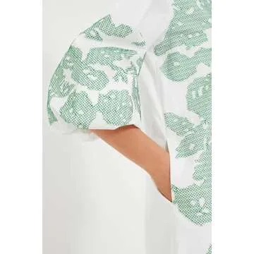 D-Sun Women Casual V-Neck Mid Dress Floral Embroidery 3/4 Sleeves Fall Winter Tunic Dress Loose Zip Party Dress with Pockets Green