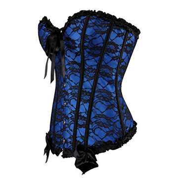 Women's Lace Through Top Floral Overbust Corset Waist Cincher Bustier Large Blue