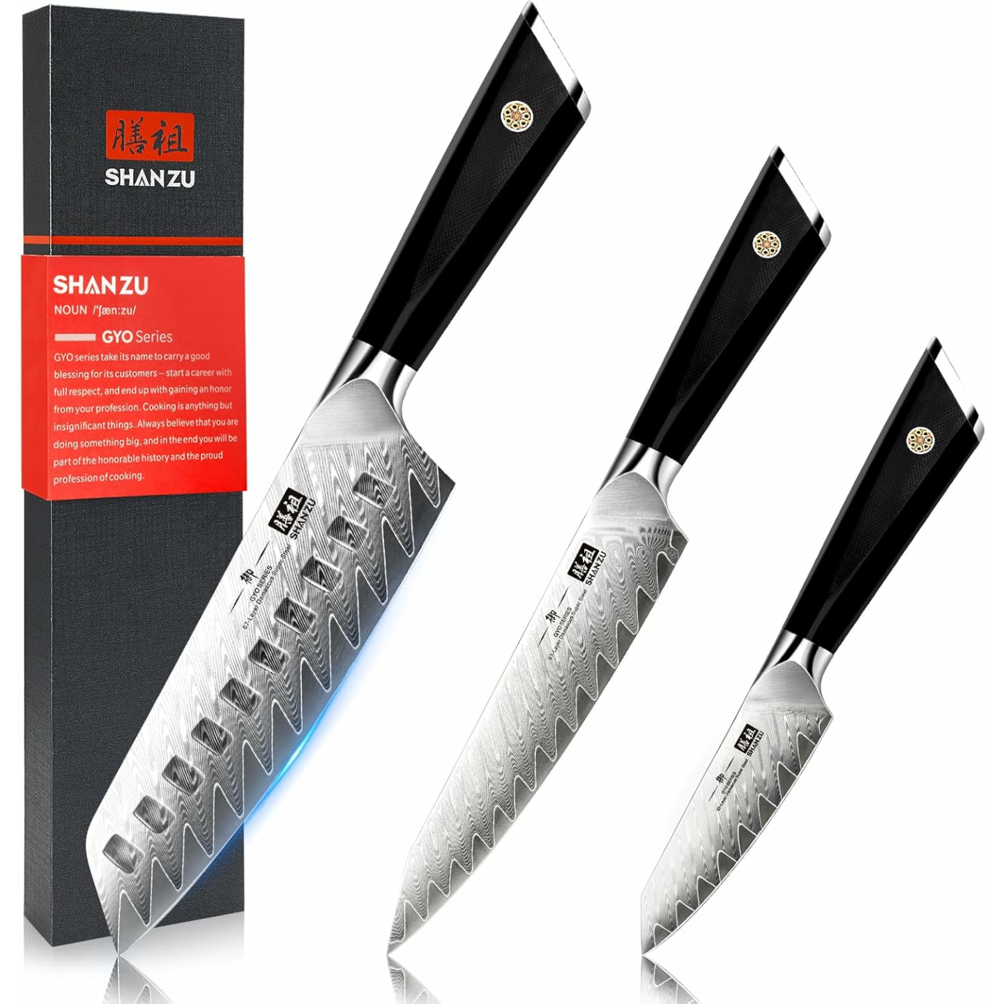 SHANZU 3PCS Damascus Chef Knife Set, 67-Layer High Carbon Steel Kitchen Knife,Ultra Sharp Japanese Chef Knife,Professional Kitchen Utility Knives with G10 Ergonomic Handle Cooking Knife with Gift Box